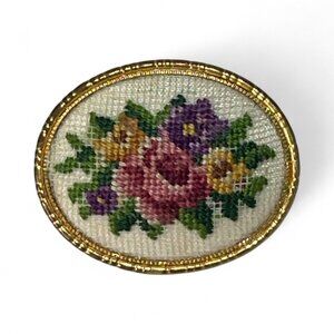 Vintage Oval Miniature Needlepoint Brooch with Gold Tone Rim & Back